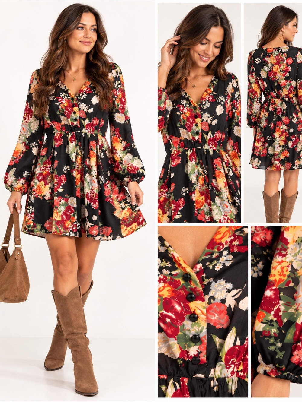 Pink Martini Black Floral V-Neck Long Sleeve Mini Dress